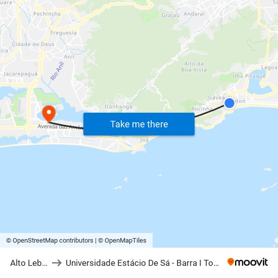 Alto Leblon to Universidade Estácio De Sá - Barra I Tom Jobim map