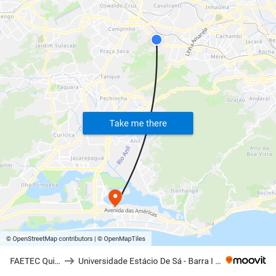 FAETEC Quintino to Universidade Estácio De Sá - Barra I Tom Jobim map