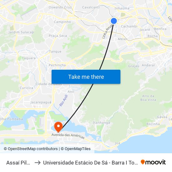 Assaí Pilares to Universidade Estácio De Sá - Barra I Tom Jobim map