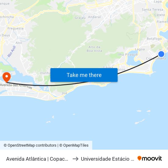 Avenida Atlântica | Copacabana Palace - Faixa Reversível to Universidade Estácio De Sá - Barra I Tom Jobim map