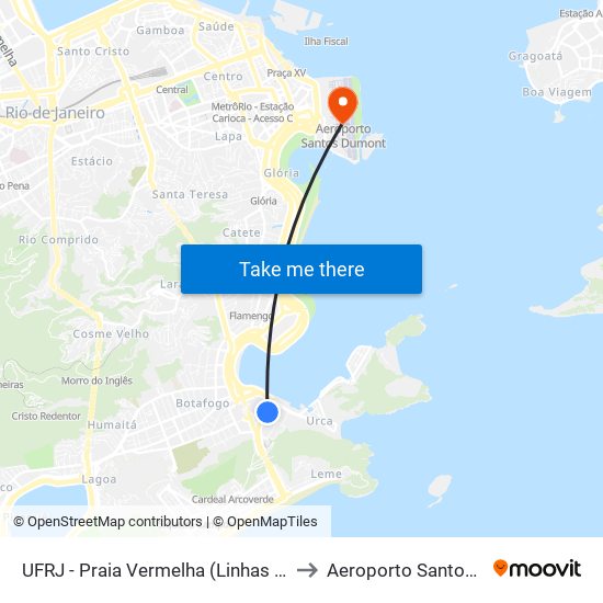 UFRJ - Praia Vermelha (Linhas Via Botafogo) to Aeroporto Santos Dumont map