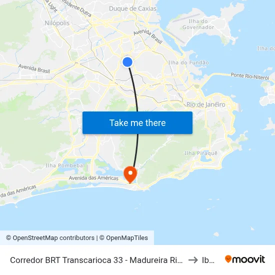 Corredor BRT Transcarioca 33 - Madureira Rio De Janeiro to Ibmec map