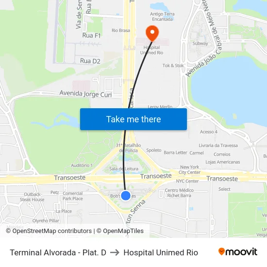 Terminal Alvorada - Plat. D to Hospital Unimed Rio map