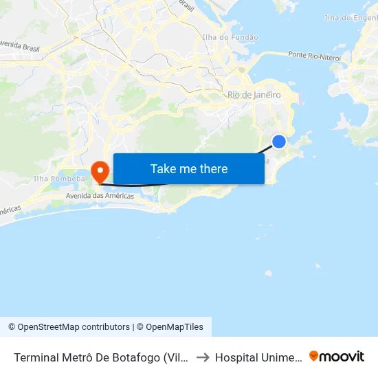 Terminal Metrô De Botafogo (Vila Isabel) to Hospital Unimed Rio map