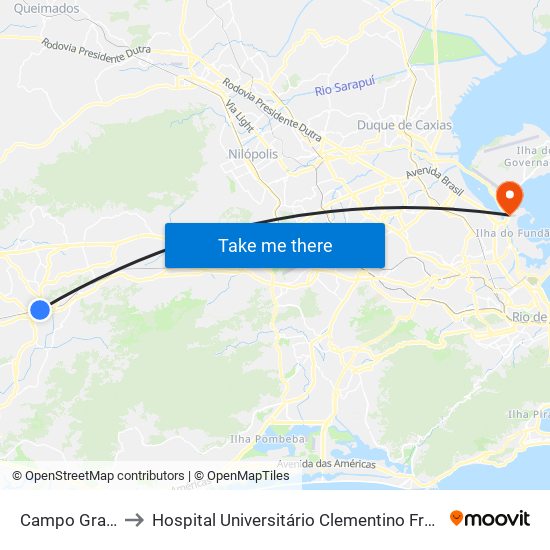 Campo Grande to Hospital Universitário Clementino Fraga Filho map
