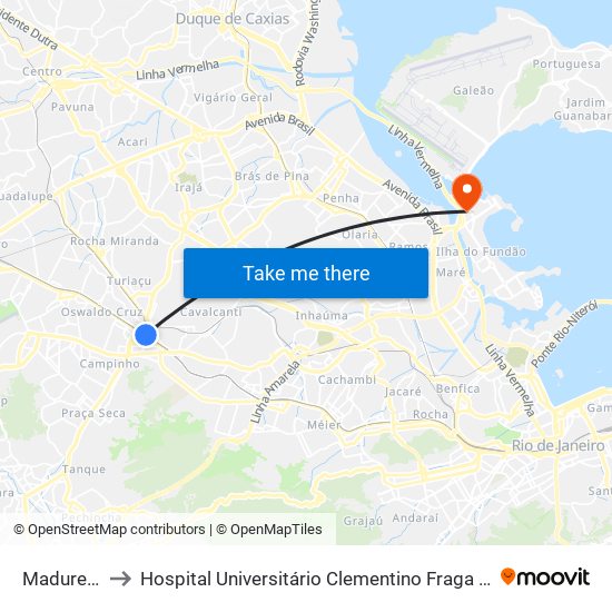 Madureira to Hospital Universitário Clementino Fraga Filho map