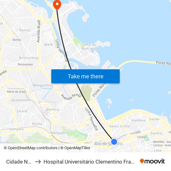 Cidade Nova to Hospital Universitário Clementino Fraga Filho map