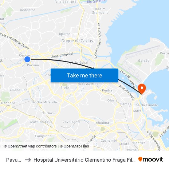 Pavuna to Hospital Universitário Clementino Fraga Filho map