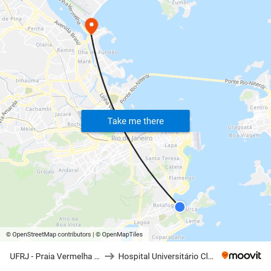 UFRJ - Praia Vermelha (Linhas Via Aterro) to Hospital Universitário Clementino Fraga Filho map