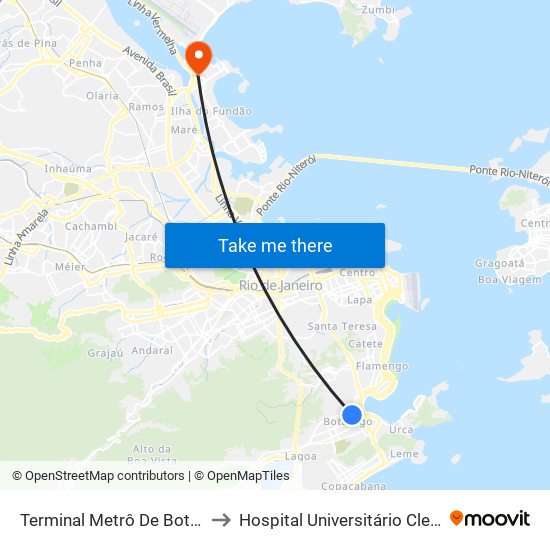 Terminal Metrô De Botafogo (Vila Isabel) to Hospital Universitário Clementino Fraga Filho map