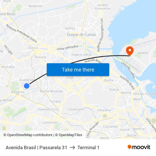 Avenida Brasil | Passarela 31 to Terminal 1 map