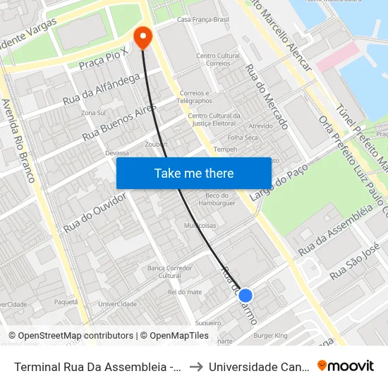 Terminal Rua Da Assembleia - Linhas 2111 E 2112 to Universidade Candido Mendes map