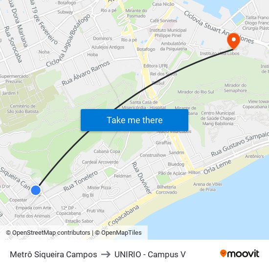 Metrô Siqueira Campos to UNIRIO - Campus V map