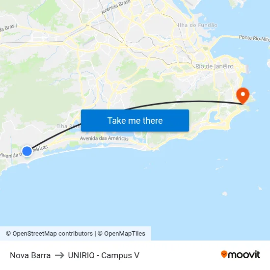 Nova Barra to UNIRIO - Campus V map