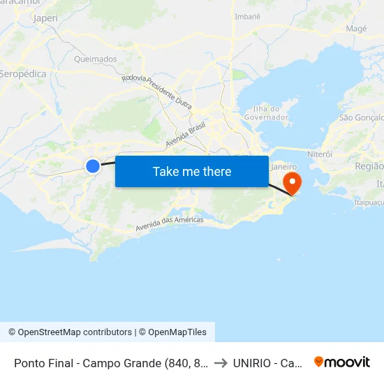 Ponto Final - Campo Grande (840, 849, 825 E 868) to UNIRIO - Campus V map