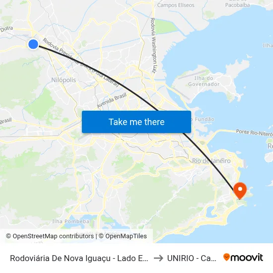 Rodoviária De Nova Iguaçu - Lado Externo 1 (Evanil) to UNIRIO - Campus V map
