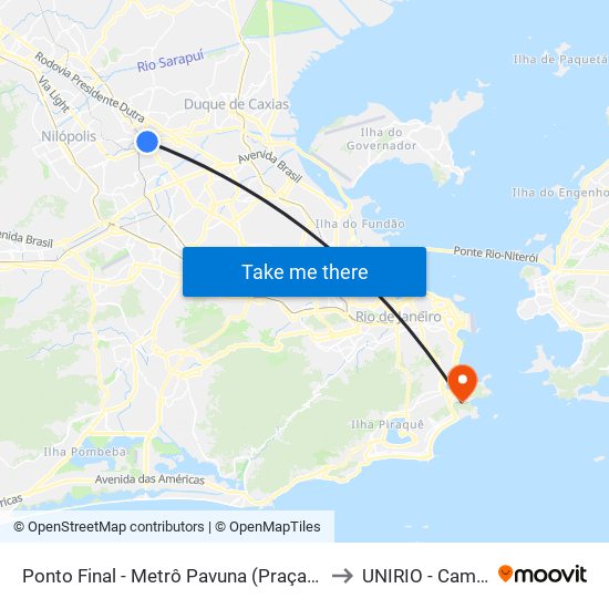 Ponto Final - Metrô Pavuna (Praça Copérnico) to UNIRIO - Campus V map