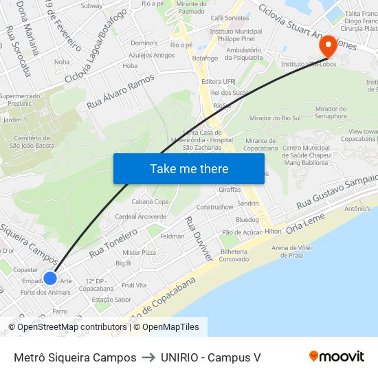 Metrô Siqueira Campos to UNIRIO - Campus V map