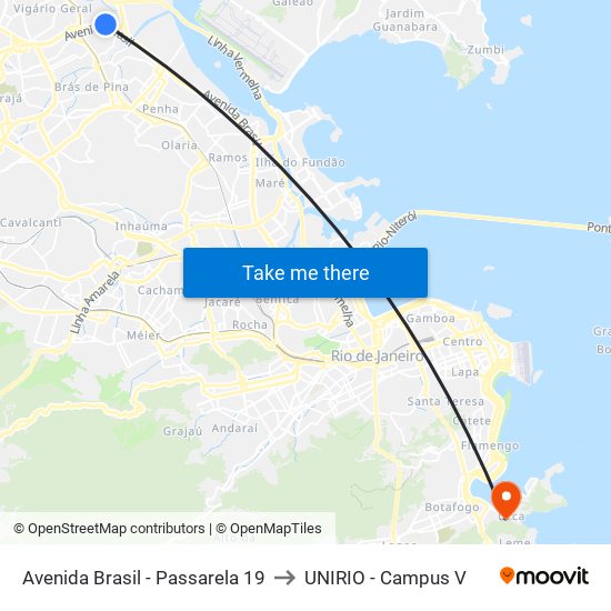 Avenida Brasil - Passarela 19 to UNIRIO - Campus V map