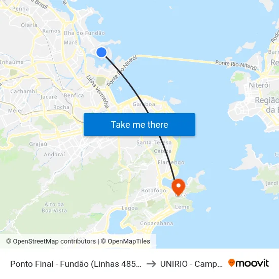 Ponto Final - Fundão (Linhas 485 E 486) to UNIRIO - Campus V map