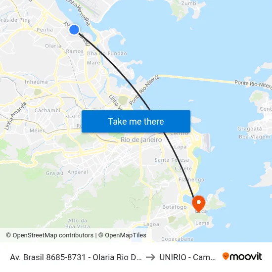 Av. Brasil 8685-8731 - Olaria Rio De Janeiro to UNIRIO - Campus V map