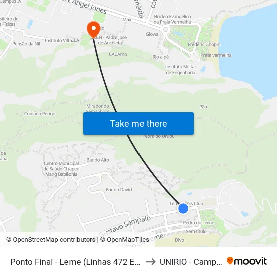 Ponto Final - Leme (Linhas 472 E Se232) to UNIRIO - Campus V map