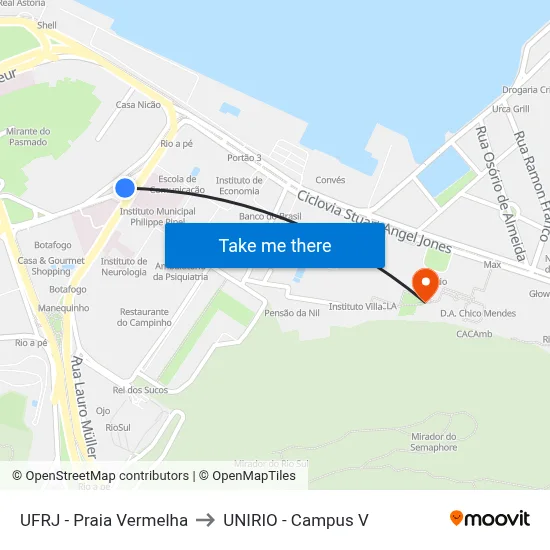 UFRJ - Praia Vermelha to UNIRIO - Campus V map