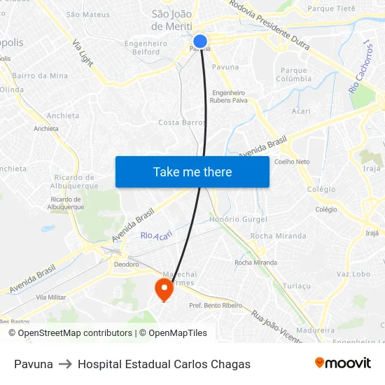 Pavuna to Hospital Estadual Carlos Chagas map
