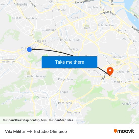 Vila Militar to Estádio Olímpico map