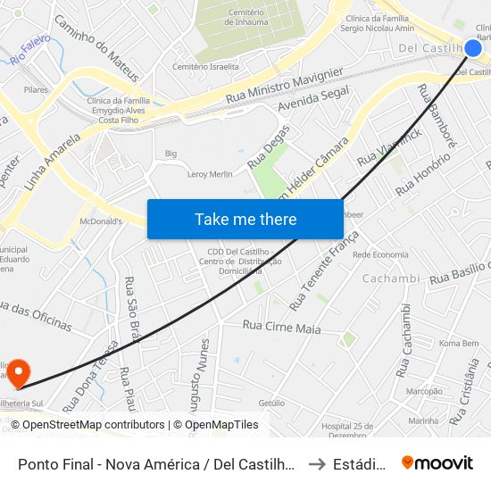 Ponto Final - Nova América / Del Castilho (Linhas 616/913 - Integração Fundão) to Estádio Olímpico map