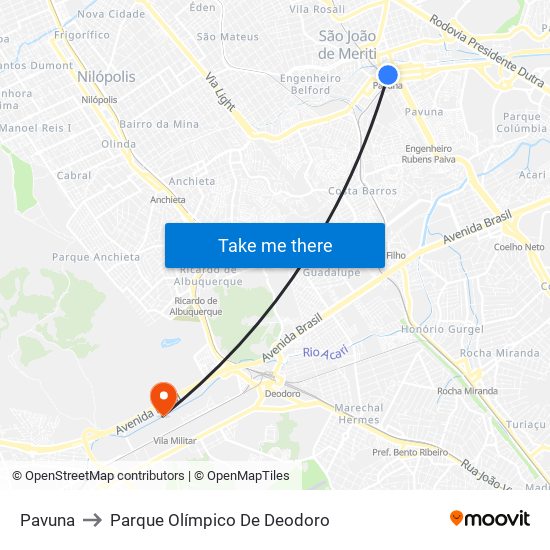 Pavuna to Parque Olímpico De Deodoro map