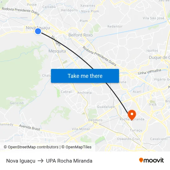 Nova Iguaçu to UPA Rocha Miranda map