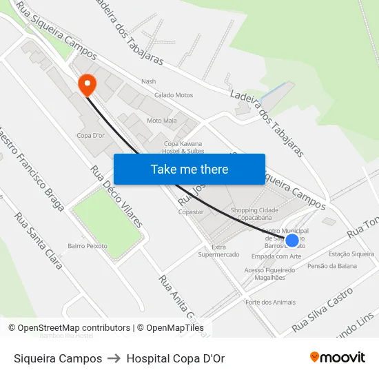 Siqueira Campos to Hospital Copa D'Or map