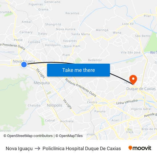 Nova Iguaçu to Policlínica Hospital Duque De Caxias map
