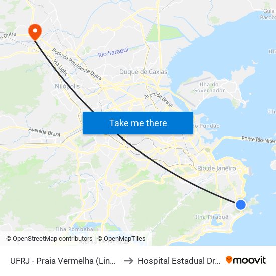 UFRJ - Praia Vermelha (Linhas Via Botafogo) to Hospital Estadual Dr. Ricardo Cruz map