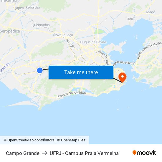Campo Grande to UFRJ - Campus Praia Vermelha map
