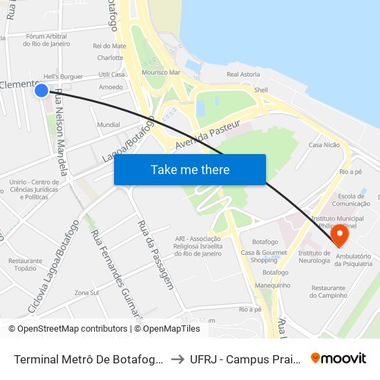 Terminal Metrô De Botafogo (Vila Isabel) to UFRJ - Campus Praia Vermelha map