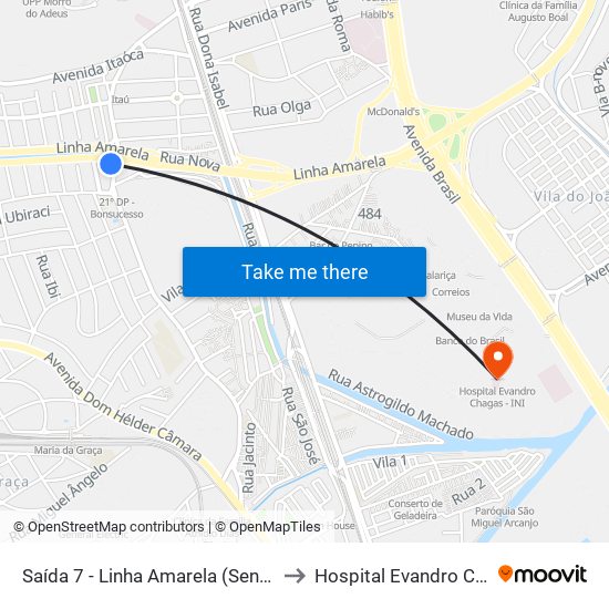 Saída 7 - Linha Amarela (Sentido Av. Brasil) to Hospital Evandro Chagas - Ini map