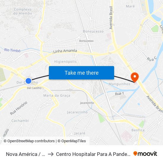 Nova América / Del Castilho to Centro Hospitalar Para A Pandemia De Covid-19 / Ini map