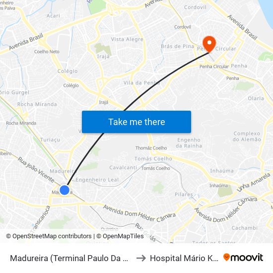 Madureira (Terminal Paulo Da Portela) to Hospital Mário Kroeff map