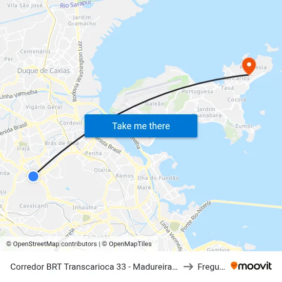 Corredor BRT Transcarioca 33 - Madureira Rio De Janeiro to Freguesia map