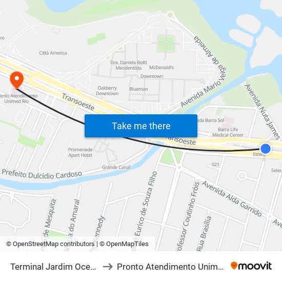 Terminal Jardim Oceânico to Pronto Atendimento Unimed Rio map