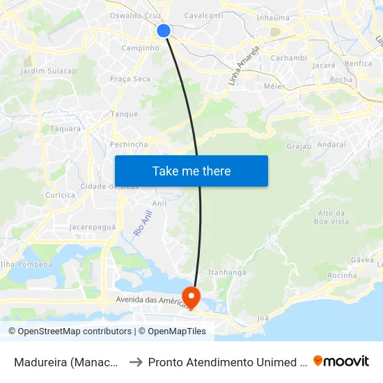 Madureira (Manaceia) to Pronto Atendimento Unimed Rio map