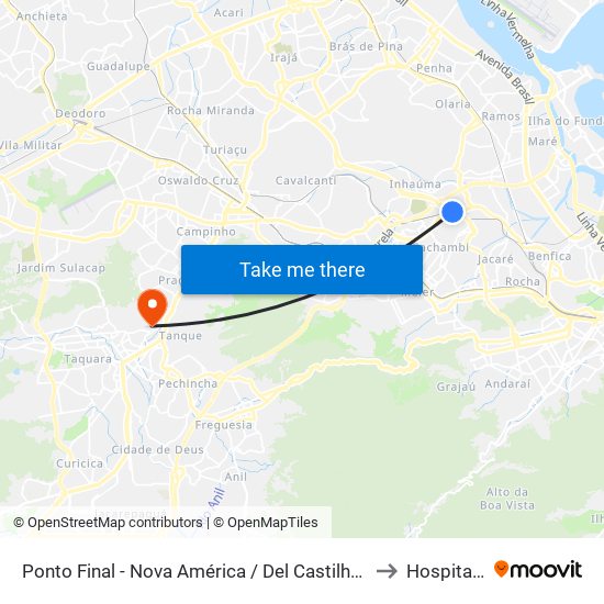 Ponto Final - Nova América / Del Castilho (Linhas 616/913 - Integração Fundão) to Hospital Curupaiti map