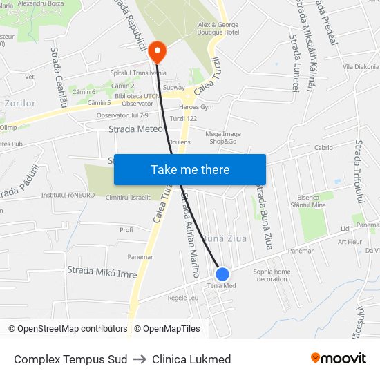 Complex Tempus Sud to Clinica Lukmed map