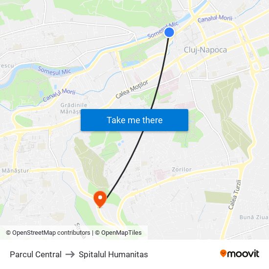 Parcul Central to Spitalul Humanitas map