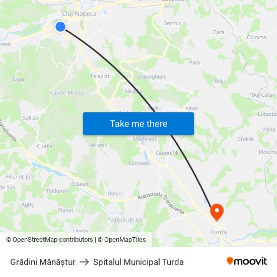 Grădini Mănăștur to Spitalul Municipal Turda map