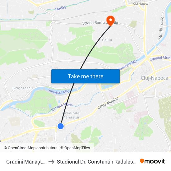 Grădini Mănăștur to Stadionul Dr. Constantin Rădulescu map