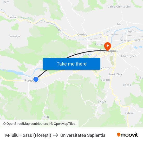 M-Iuliu Hossu (Florești) to Universitatea Sapientia map