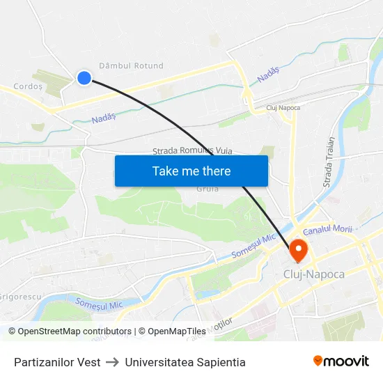 Partizanilor Vest to Universitatea Sapientia map